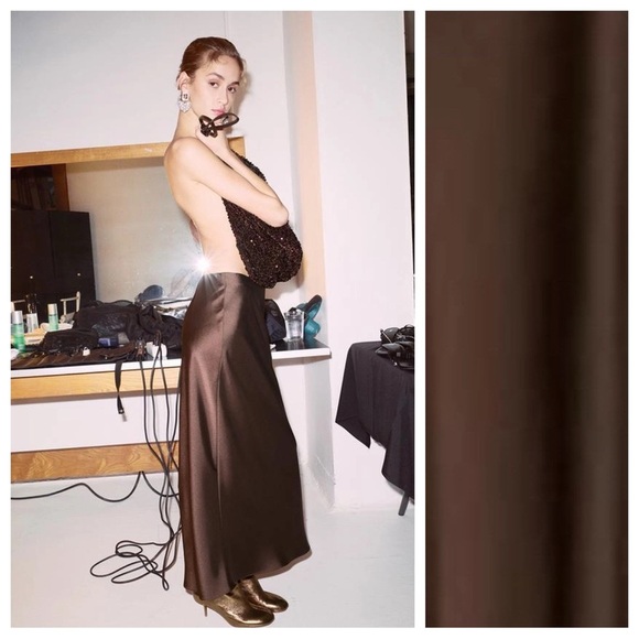 Zara Dresses & Skirts - NWT. Zara Dark Brown Satin Effect High Waisted Midi Skirt. Size XL.